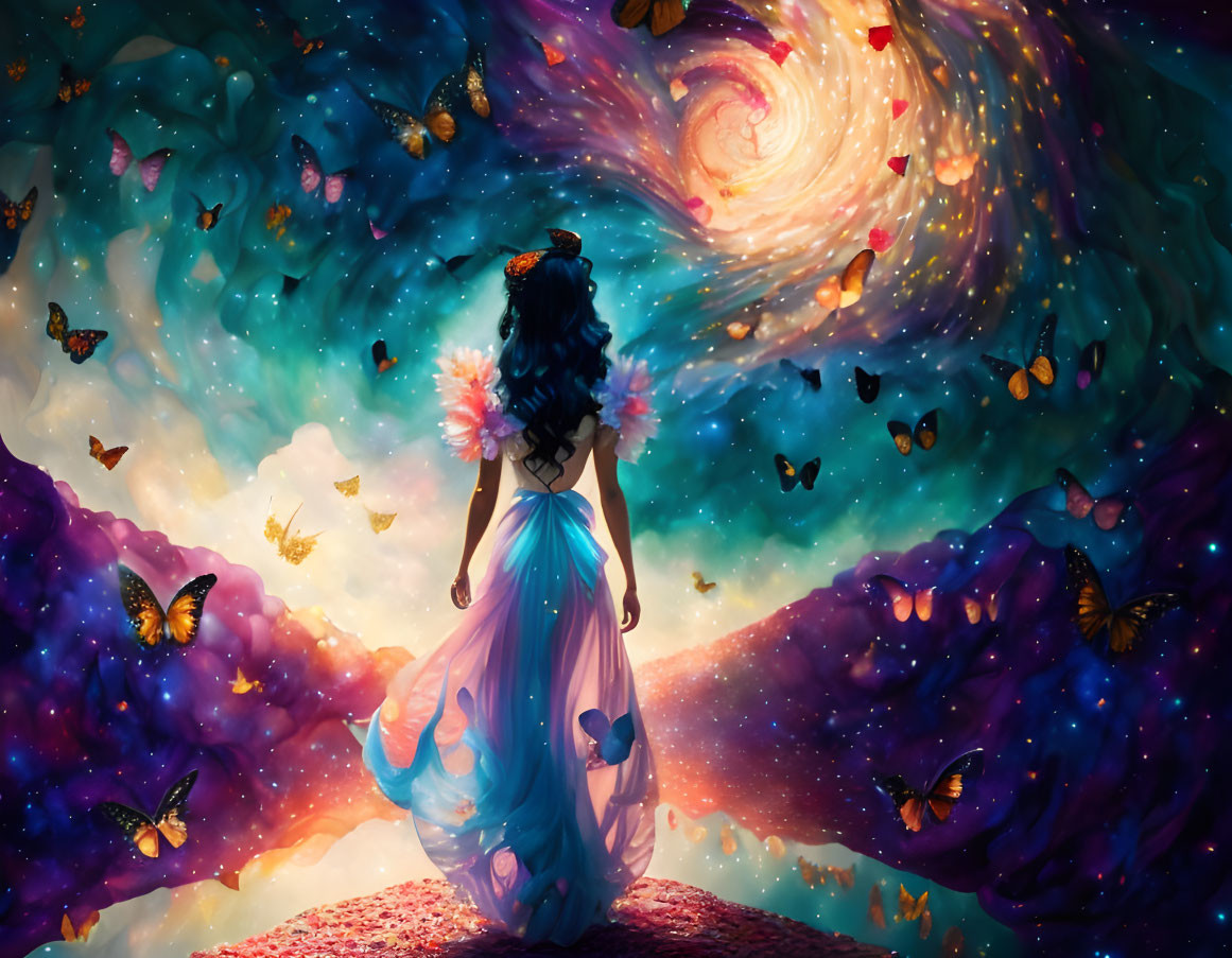 Woman in flowing dress surrounded by butterflies and cosmic swirl