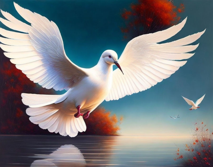 White doves flying over serene water with autumnal backdrop