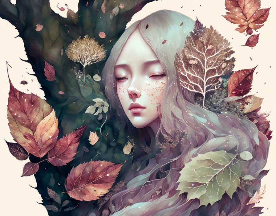 Ethereal female figure with tree-like hair in autumn foliage