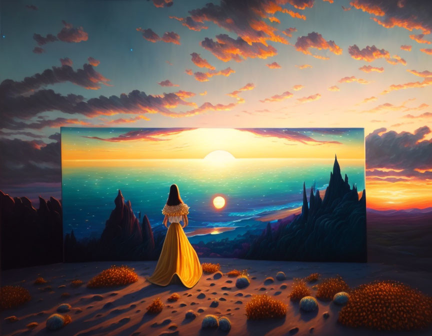 Surreal painting: Woman in yellow dress watching sunset transition from desert to canvas