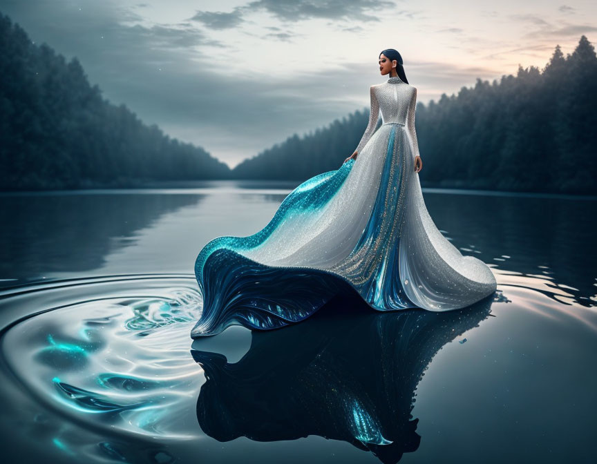Woman in flowing gown standing on water in serene forest scene