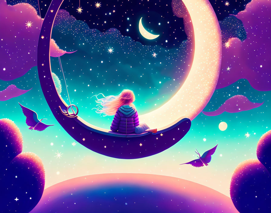 Girl on Crescent Moon Swing Fishing Among Stars with Birds in Cosmic Scene