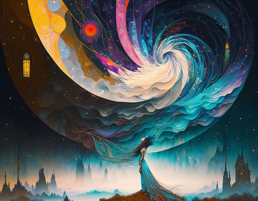 Surreal artwork: person with long hair in cosmic wave under starry sky