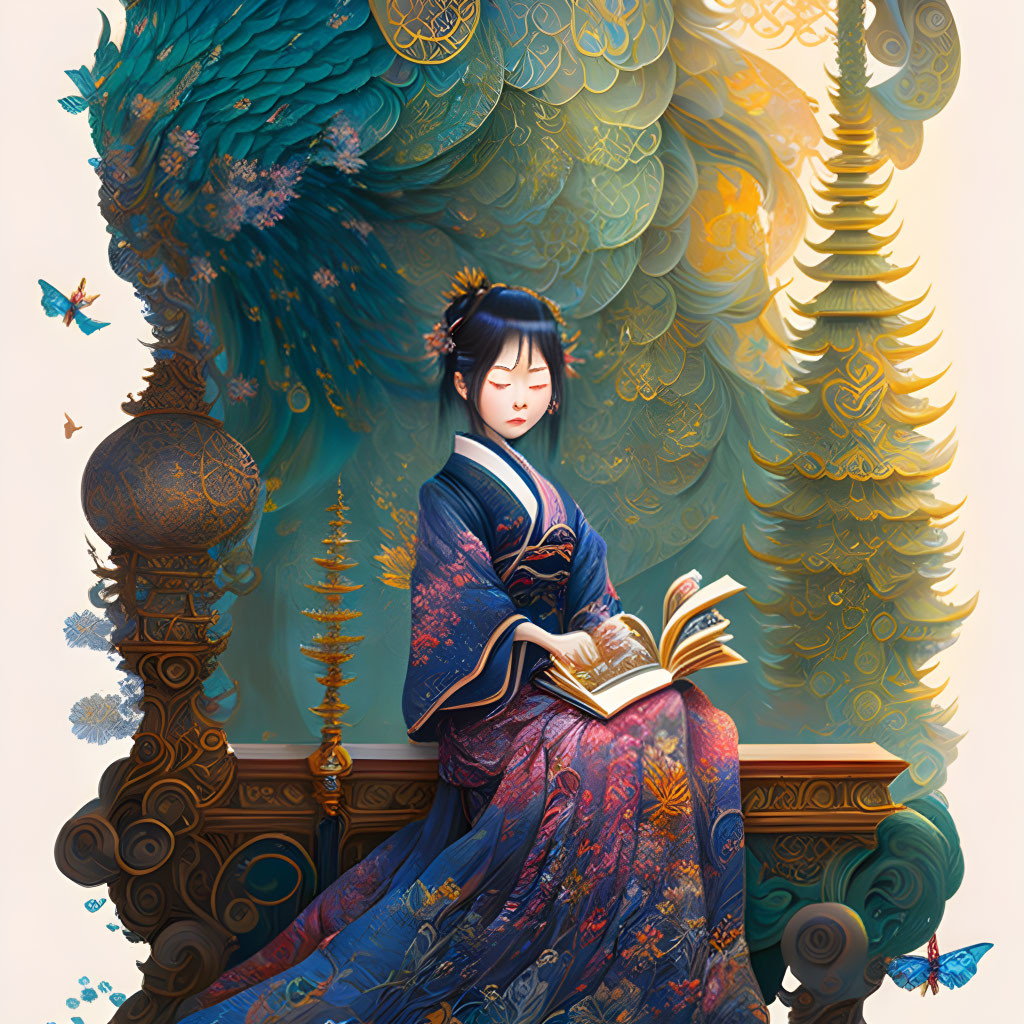 Illustration of woman in traditional attire with peacock and butterflies.