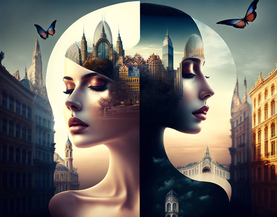 Surreal artistic depiction of woman's profile with cityscapes and butterflies under day and night theme