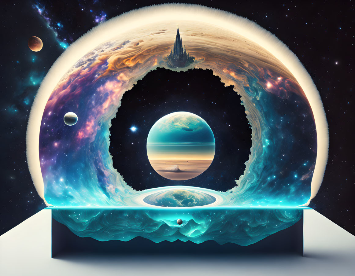 Cosmic eye-shaped surreal artwork with planets, stars, and nebulae