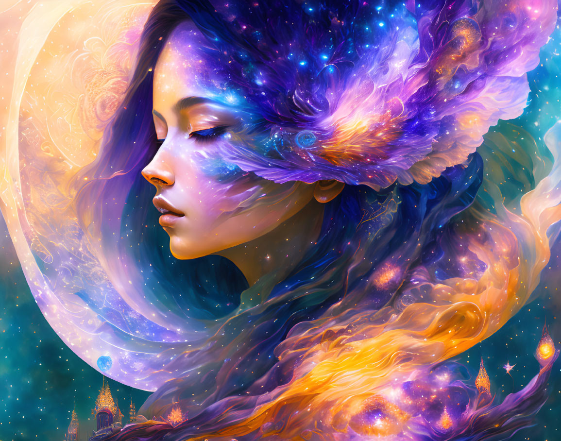 Cosmic-themed woman with hair blending into stars
