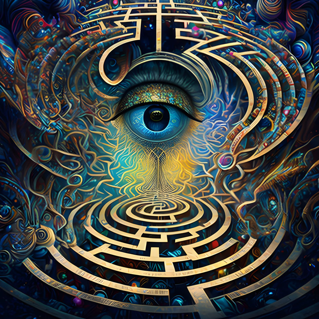 Colorful Psychedelic Digital Artwork with Intricate Eye and Abstract Patterns