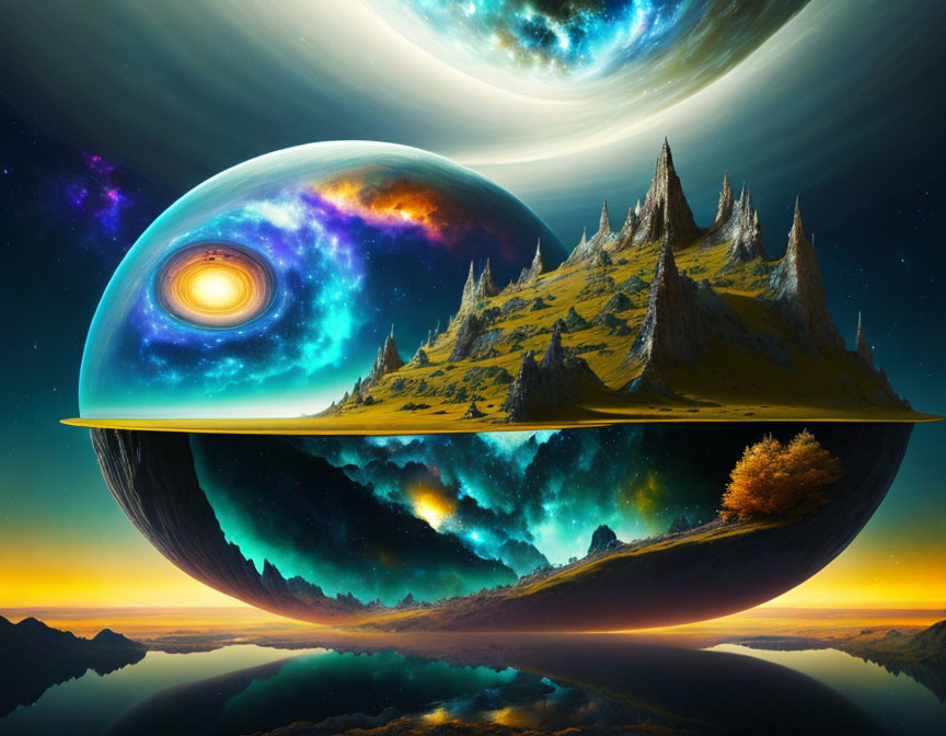 Surreal landscape with floating islands and cosmic backdrop