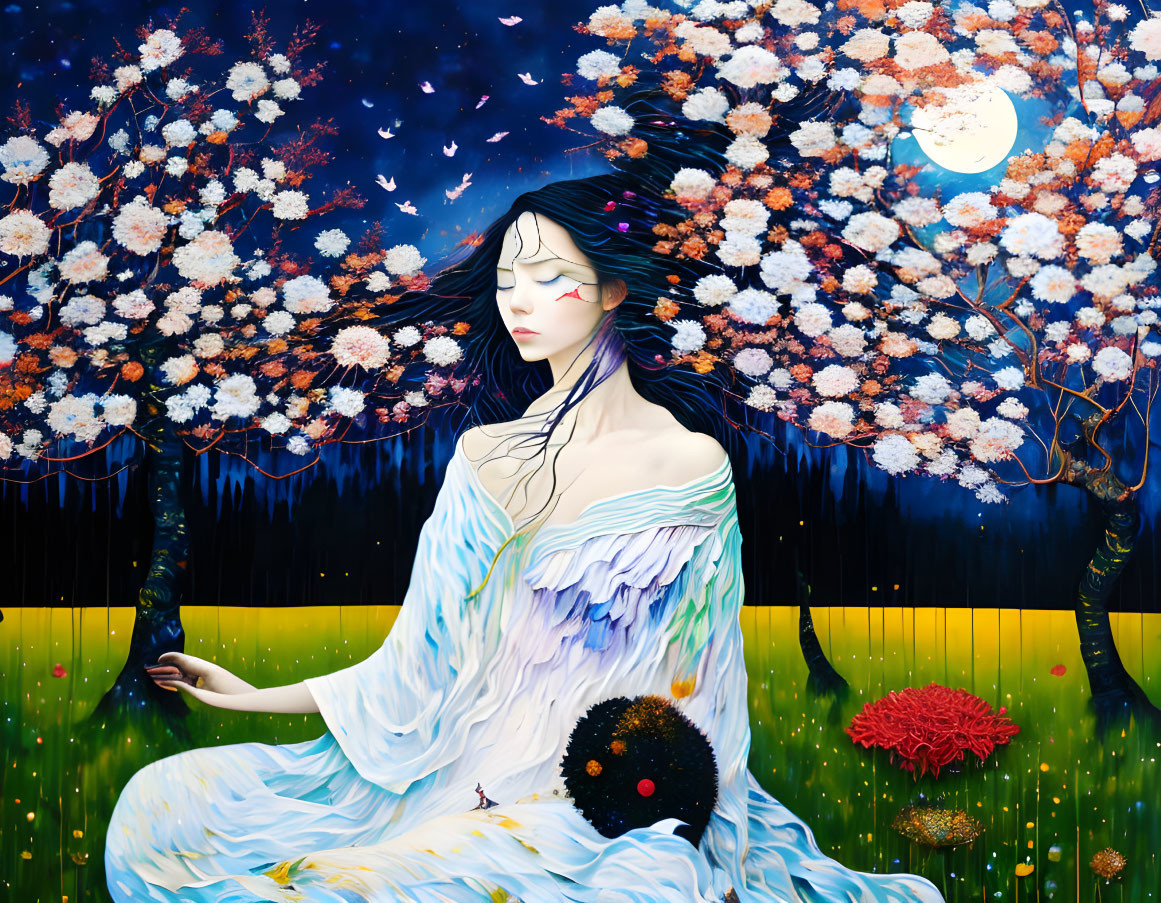 Surreal painting of woman with flowing blue hair in vibrant landscape