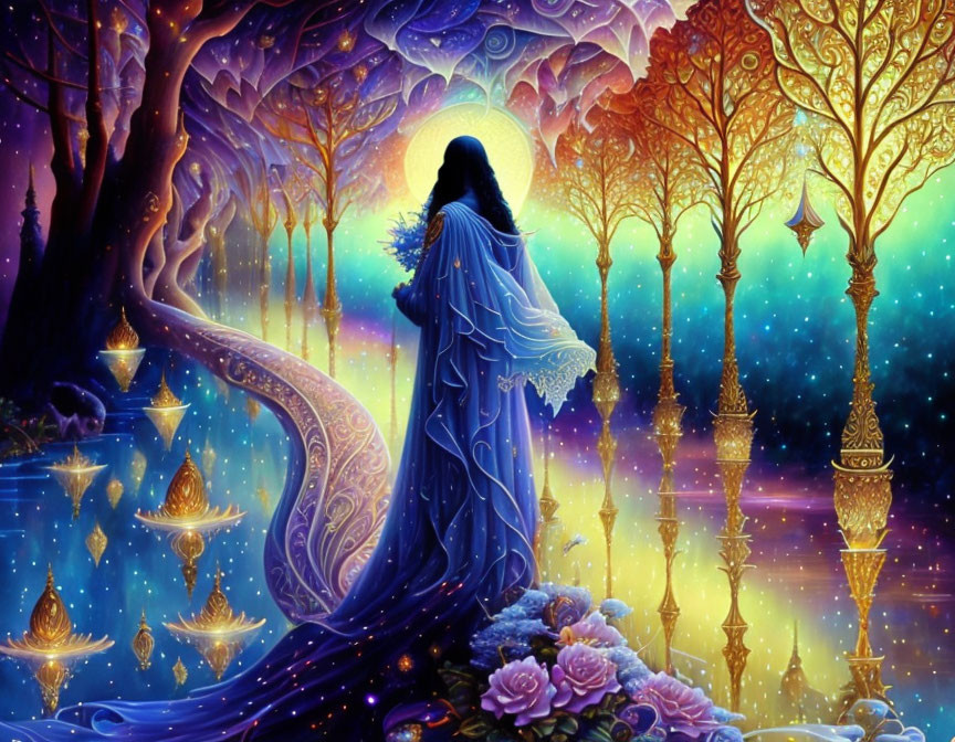 Mystical robed figure in vibrant starlit fantasy forest