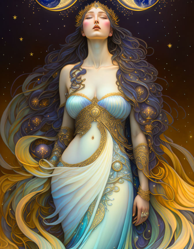 Ethereal woman in stellar-themed dress surrounded by golden stars