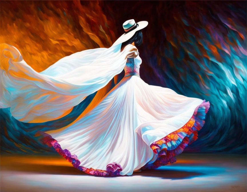 Woman in white dress twirling against orange and blue abstract background with hat.