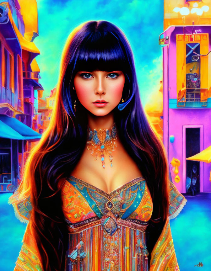 Digital Artwork: Woman with Dark Hair & Blue Eyes in Bohemian Attire