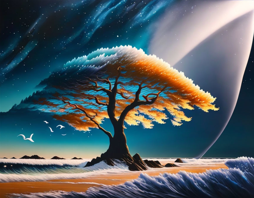 Surreal landscape with tree blending into starry sky, comet above ocean