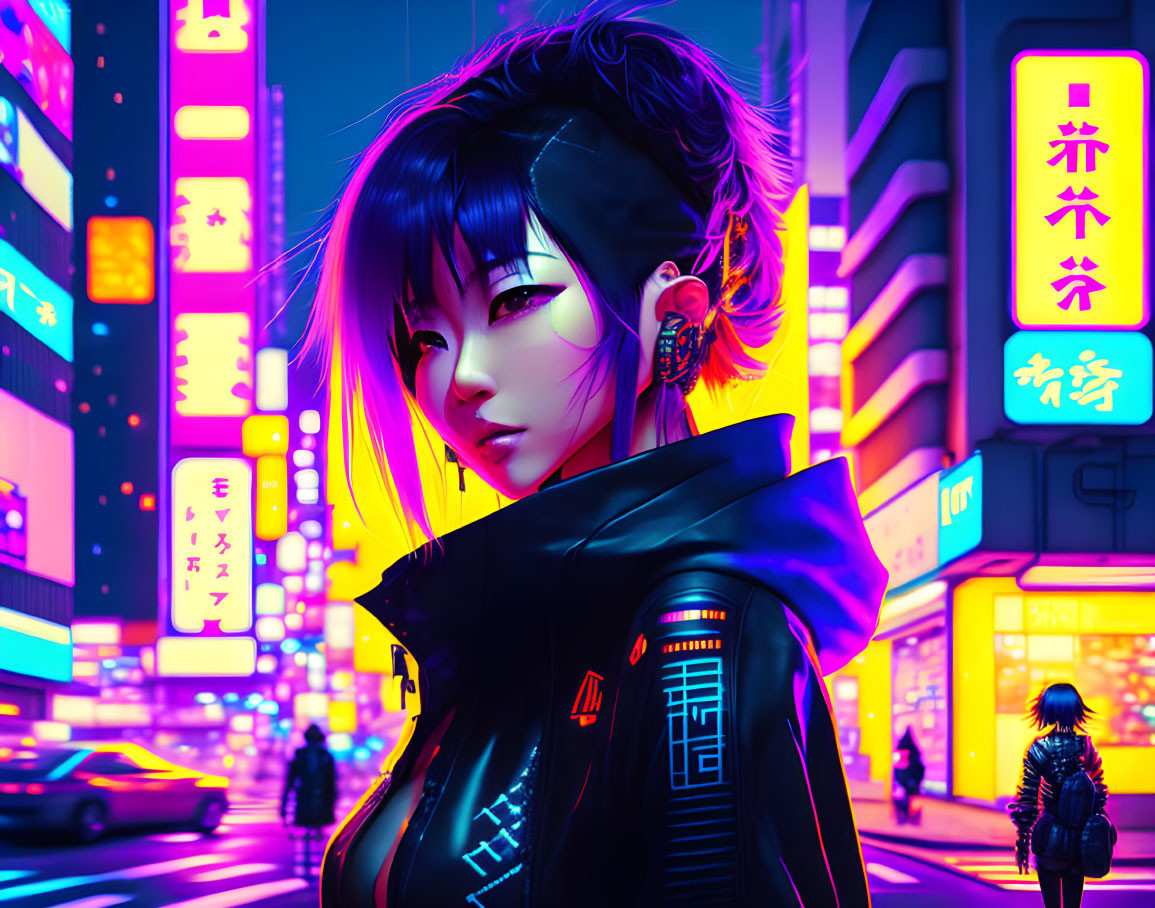 Digital artwork of woman in cyberpunk attire in neon-lit cityscape