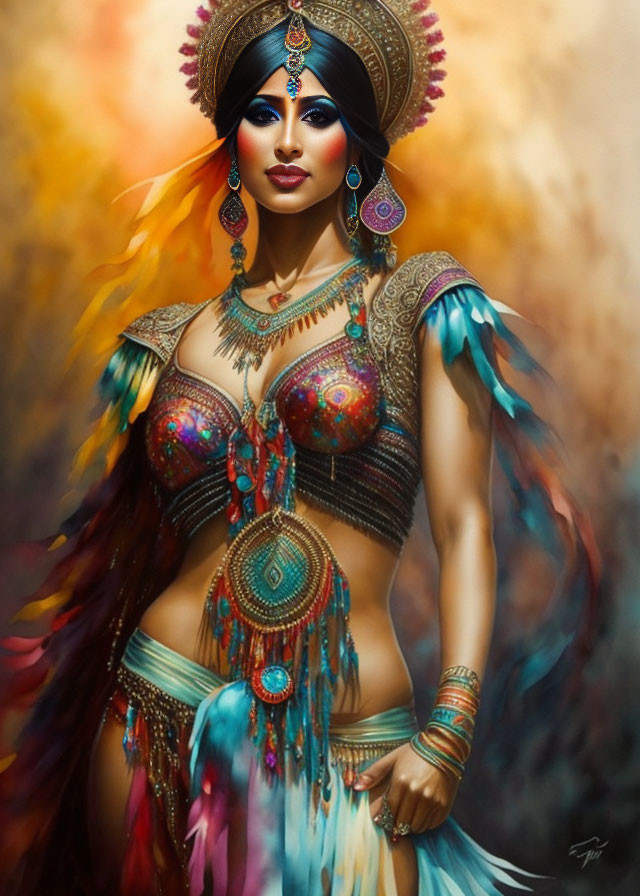 Colorful digital artwork of a woman in tribal costume with feathered headdress