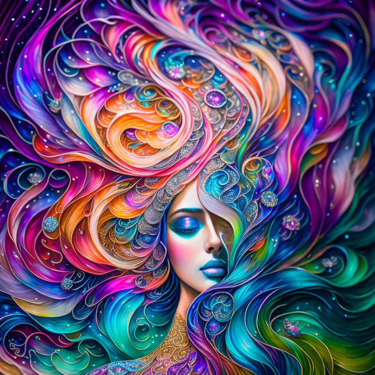 Colorful Artwork of Woman with Cosmic Hair and Jewels