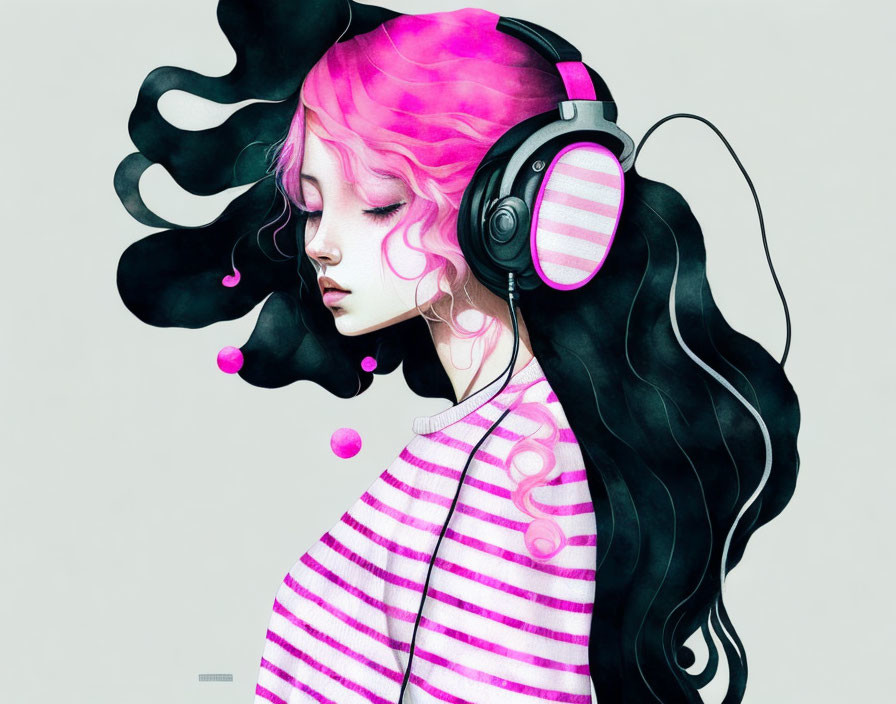 Illustrated girl with pink hair and headphones in profile with flowing wavy mane and vibrant pink bubbles and