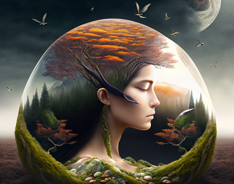 Woman's face merges with tranquil nature scene in oval frame with autumn trees, forest, and birds.