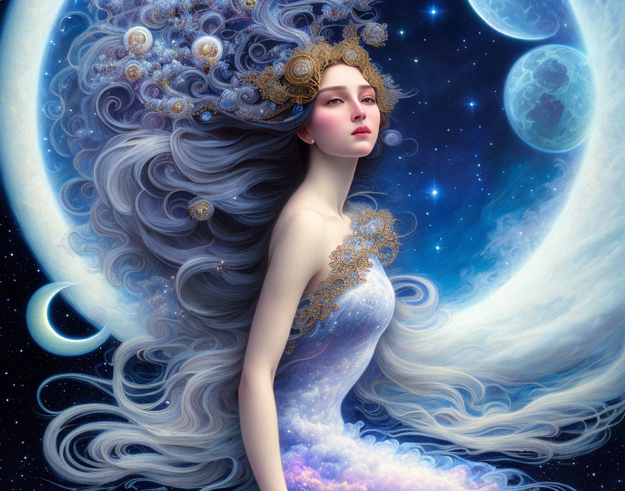 Celestial woman with flowing cosmic hair and ornate headdress in space scene