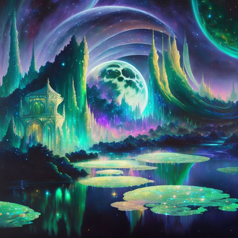 Fantastical landscape with castle, auroras, lake, and moon