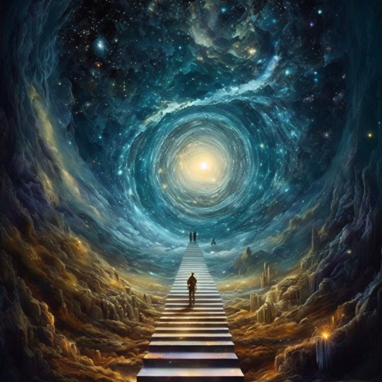 Person climbing staircase into luminous cosmic vortex under starry sky