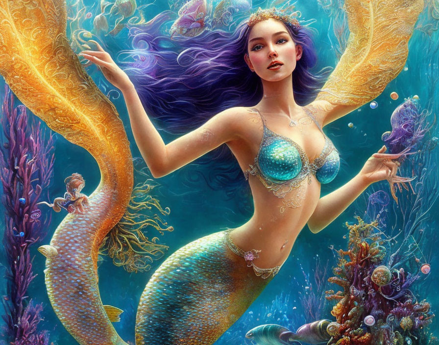 Mermaid with Iridescent Scales and Flowing Hair Among Underwater Flora