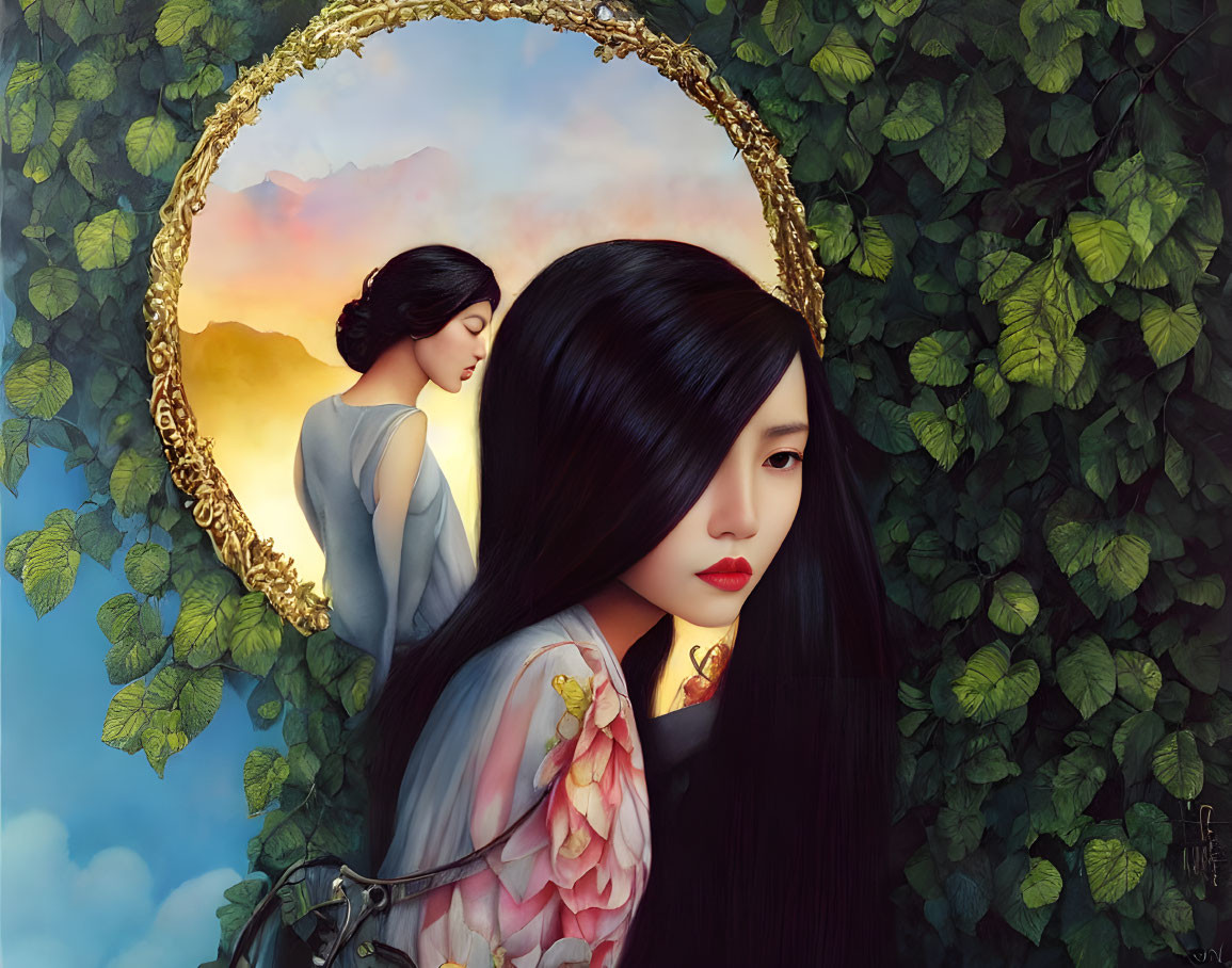 Woman with Long Black Hair Standing Before Mirror Framed by Green Leaves