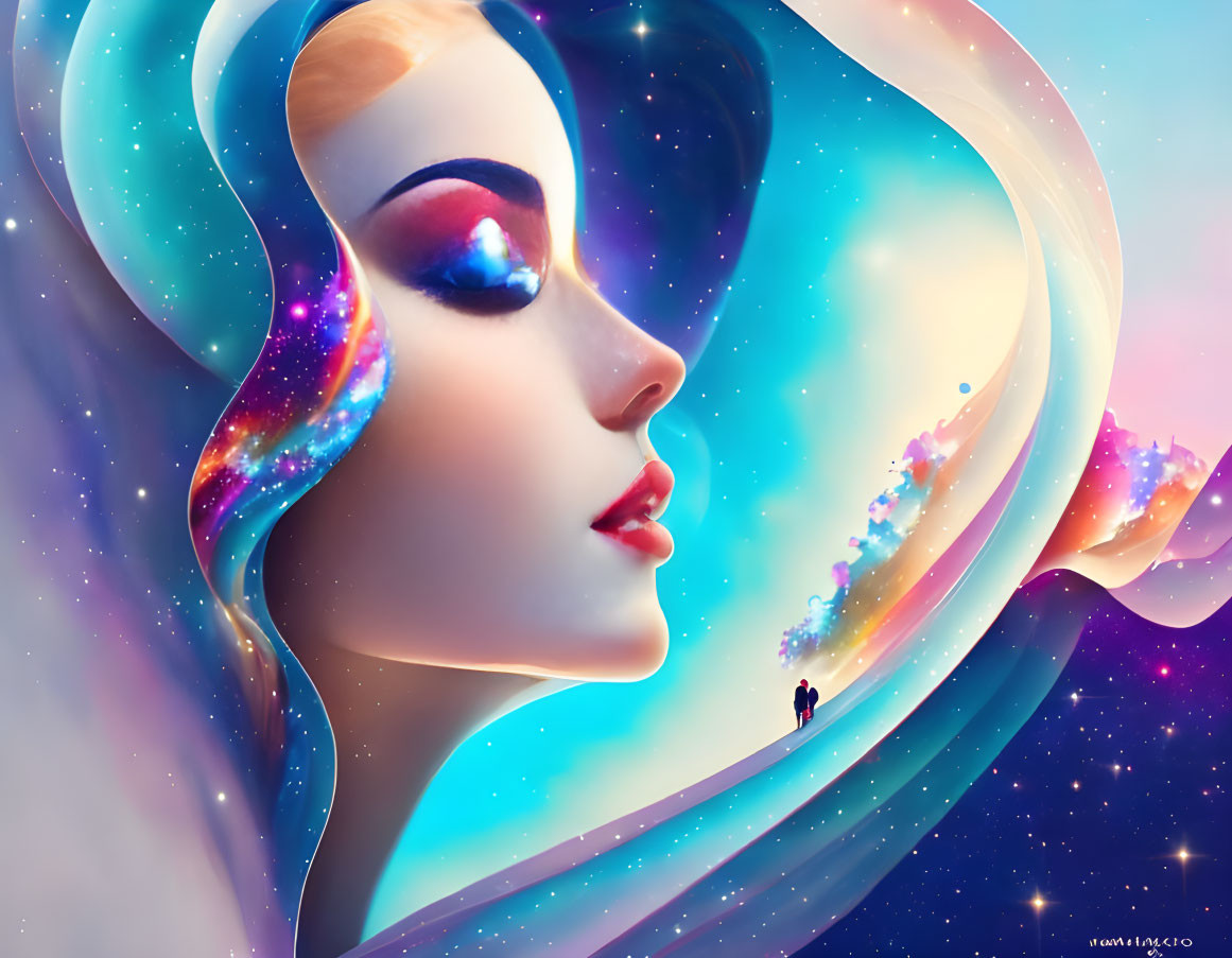 Illustration of woman with cosmic hair and eyes in surreal setting