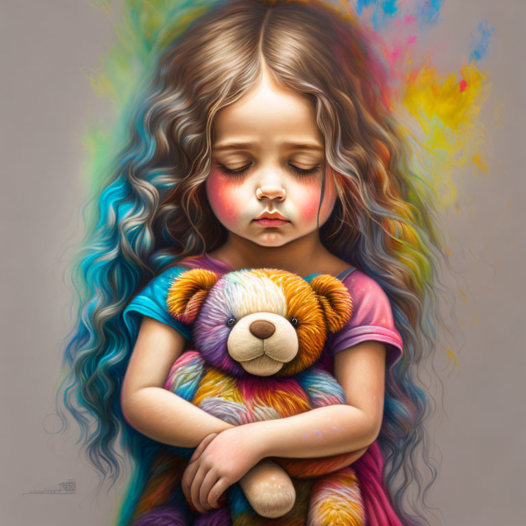 Multicolored wavy-haired girl hugs colorful teddy bear peacefully