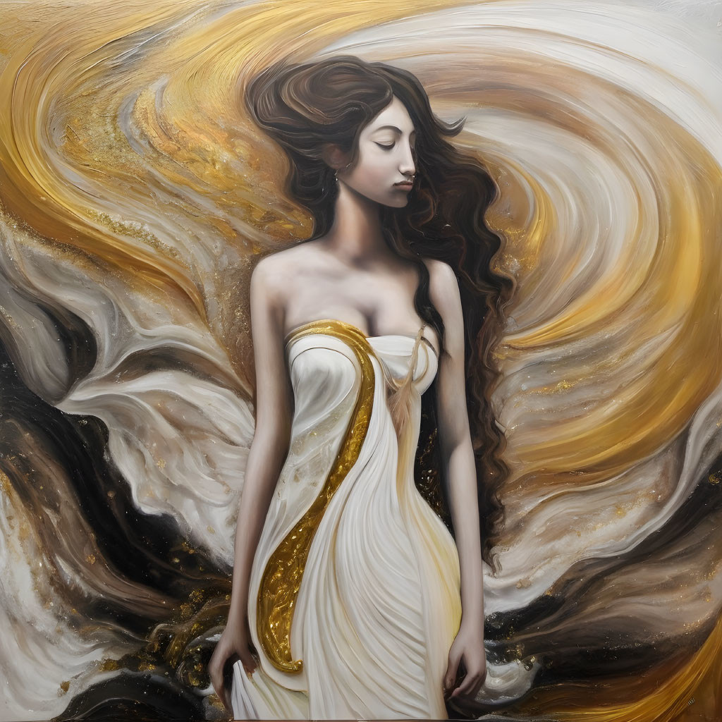 Serene woman in cream dress against swirling golden abstract background