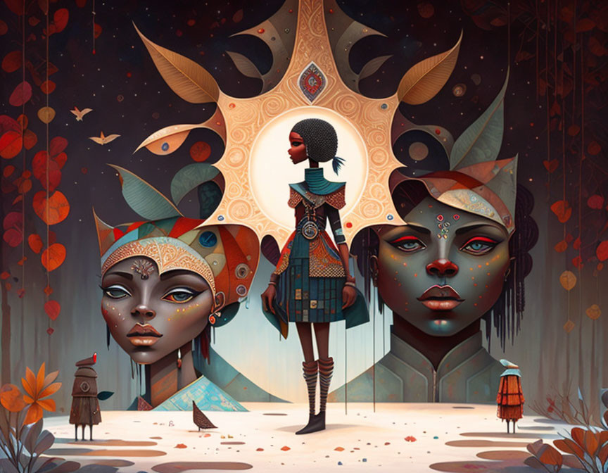 Surreal digital artwork: African figures in mystical forest