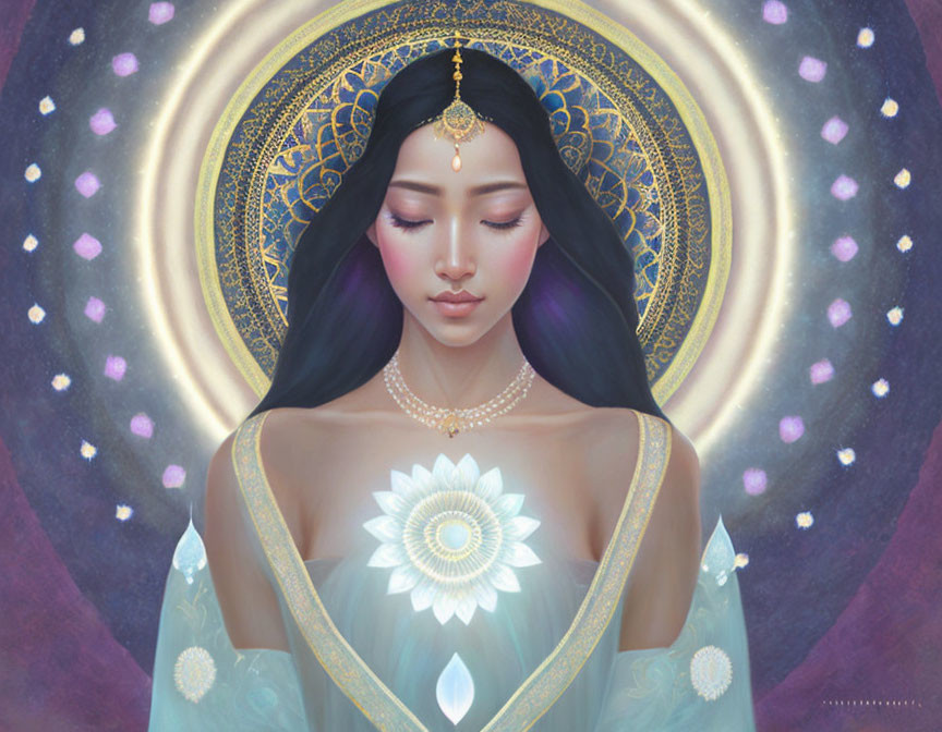 Woman with golden headpiece and mystical halo in serene illustration