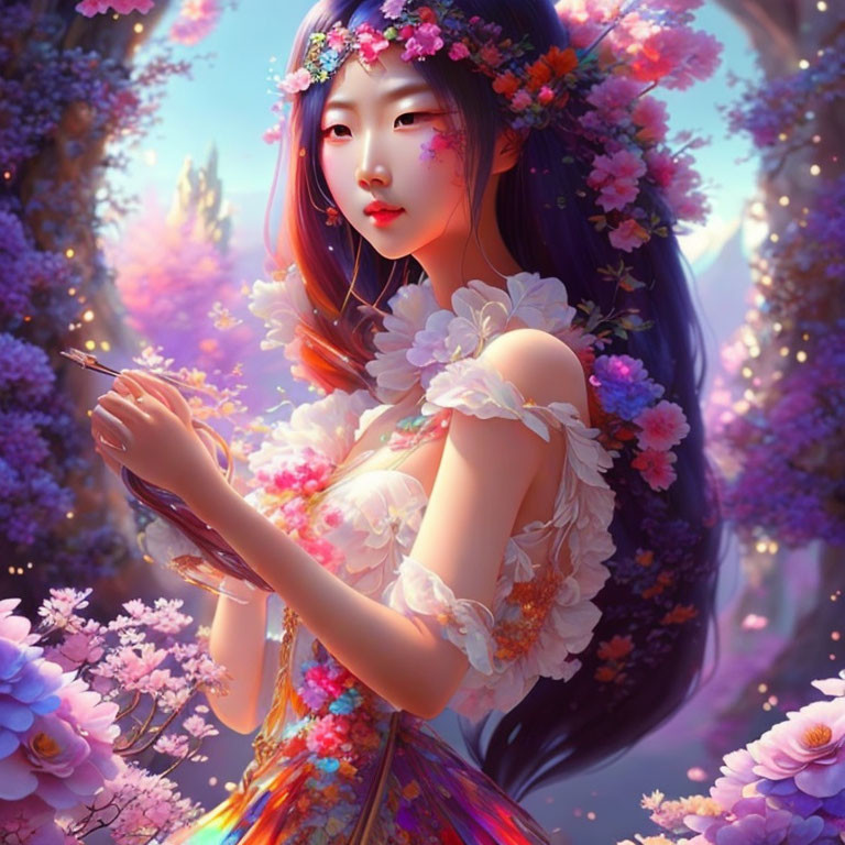 Digital artwork of woman with flower-adorned hair in enchanted garden