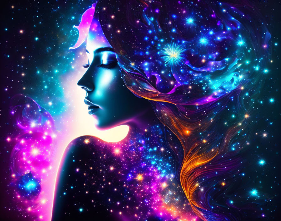 Colorful digital art: Woman's profile merges with cosmic background