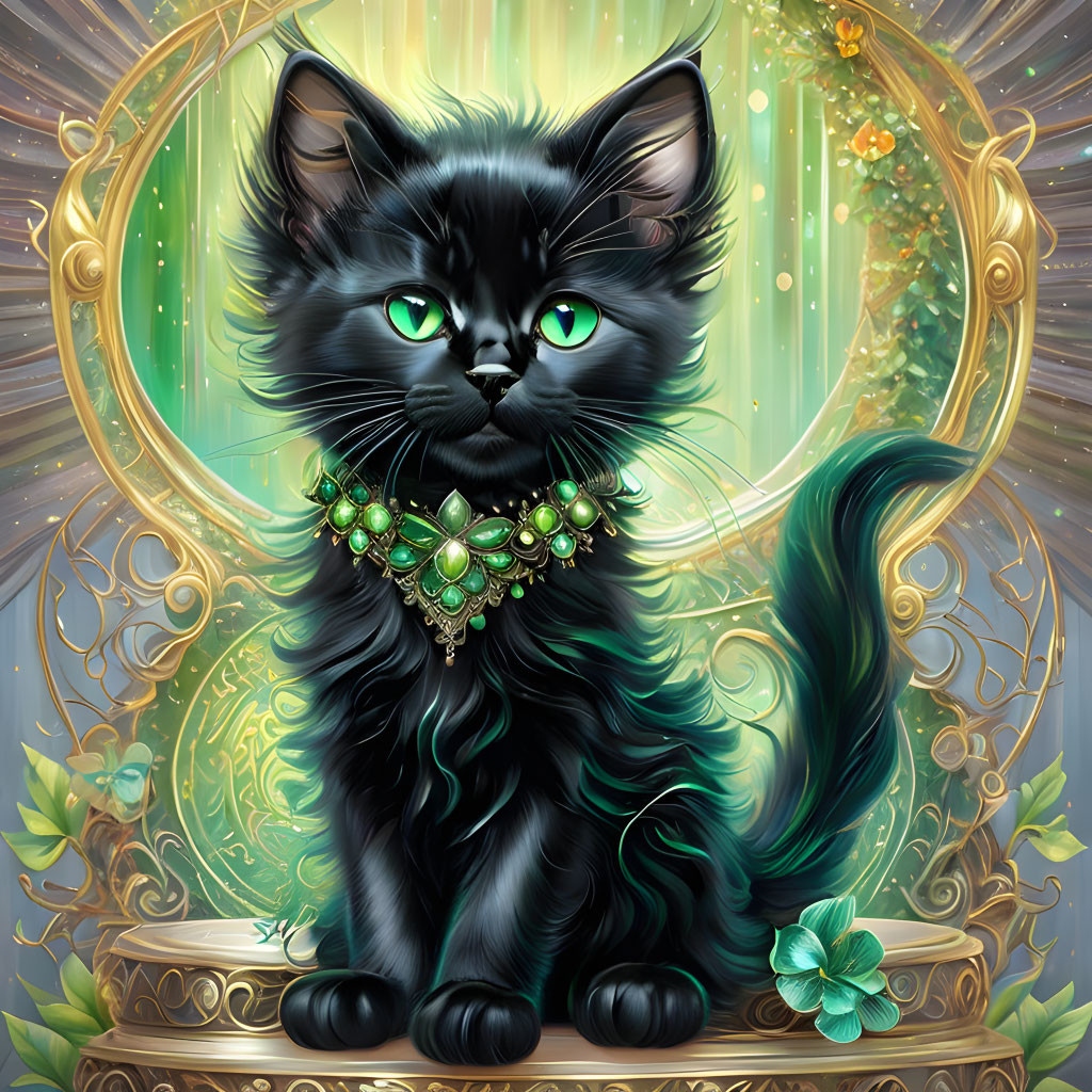 Black Cat with Green Eyes and Jeweled Necklace in Front of Ornate Mirror