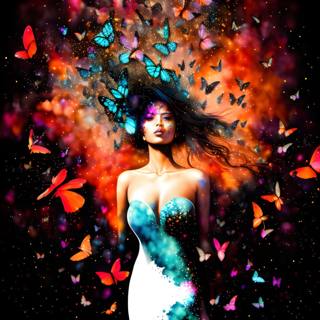 Woman with colorful butterflies in vibrant cosmic setting