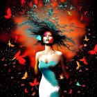 Woman with colorful butterflies in vibrant cosmic setting