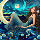 Woman reclining in crescent moon in starry night sky with flowing dress and merging waves below.