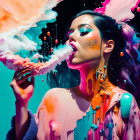 Colorful Smoke Exhalation in Surreal Paint Splatter Scene