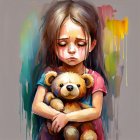 Multicolored wavy-haired girl hugs colorful teddy bear peacefully