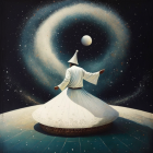 Whimsical painting of white-domed structure on swirling hill with sailboat under cosmic backdrop