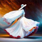 Woman in white dress twirling against orange and blue abstract background with hat.