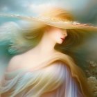 Ethereal figure with angelic wings and butterflies in serene setting