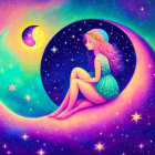 Vibrant cosmic background with girl on crescent moon