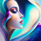 Illustration of woman with cosmic hair and eyes in surreal setting