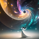 Surreal artwork: person with long hair in cosmic wave under starry sky