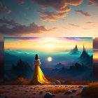 Surreal painting: Woman in yellow dress watching sunset transition from desert to canvas