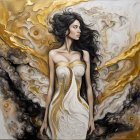 Serene woman in cream dress against swirling golden abstract background